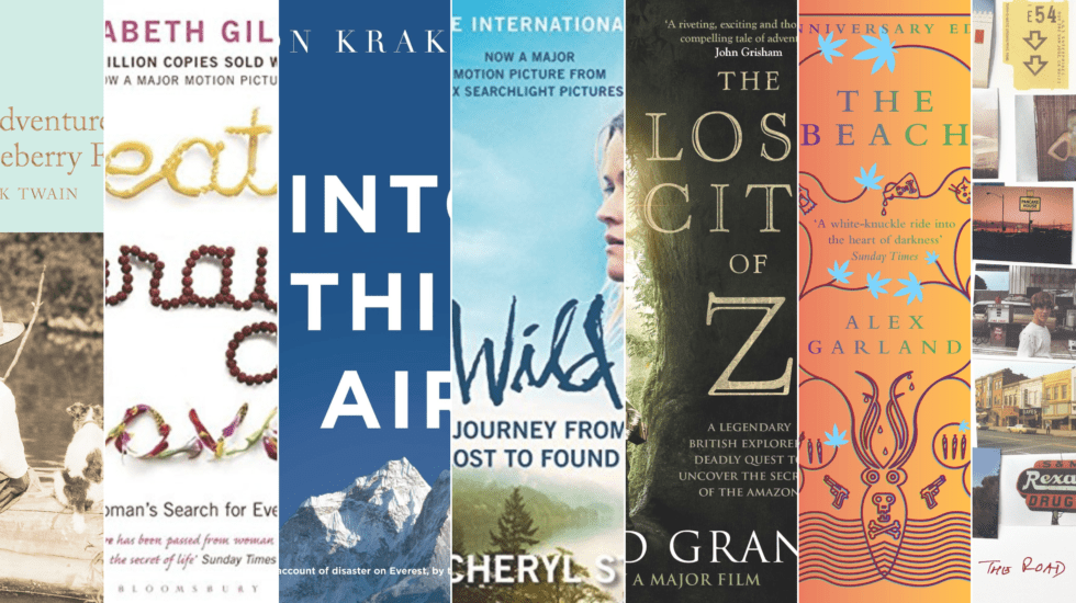 Vertical collage image of 6 best travel book covers