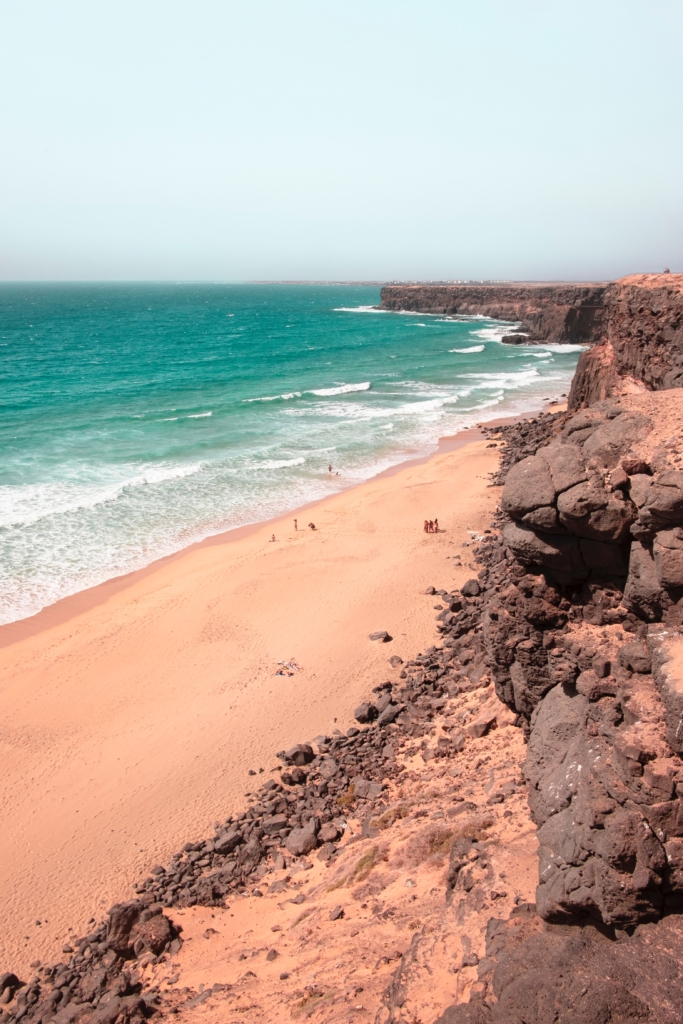 El Cotillo Cliffs Fuerteventura, sandstone landscape with blue sky and white clouds