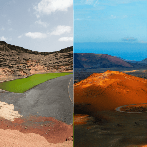 Lanzarote Photos: collage banner image combining 4 photos of volcanic landscapes, ocean views and lagoons.