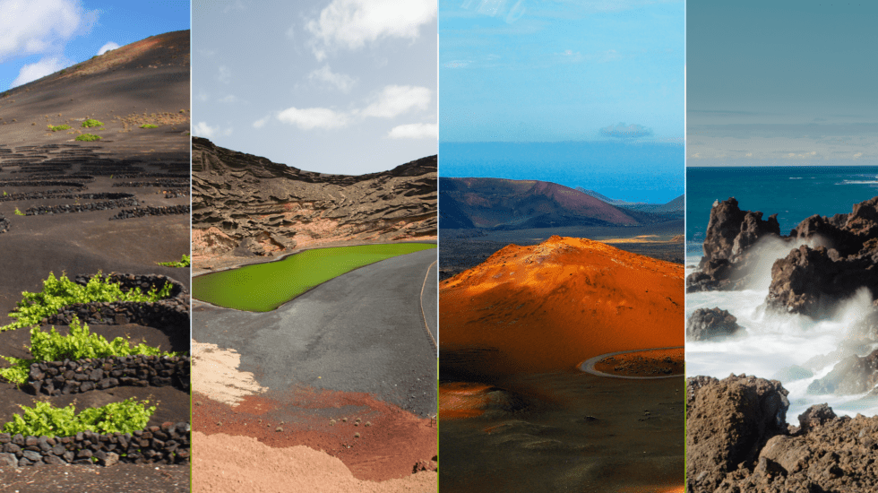 Lanzarote Photos: collage banner image combining 4 photos of volcanic landscapes, ocean views and lagoons.