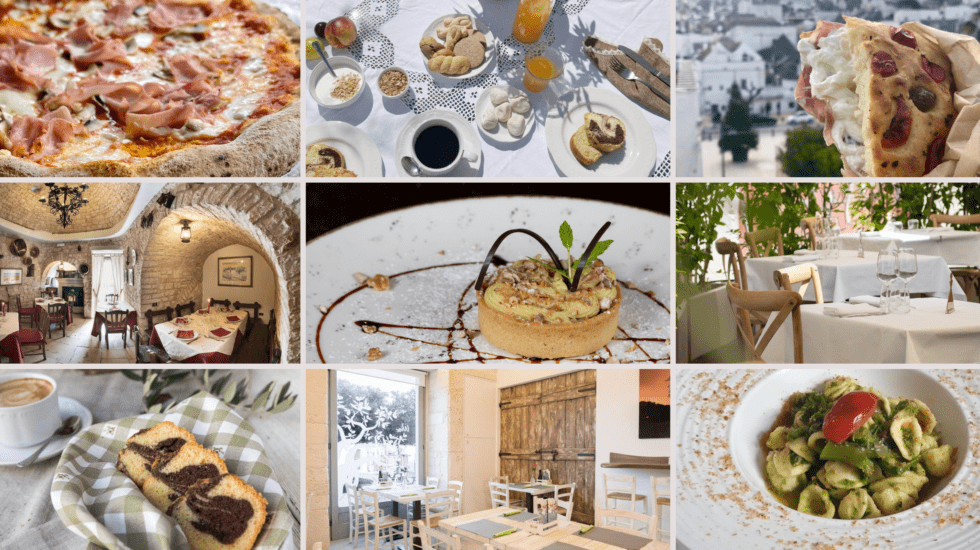 A grid showing 9 photos of Alberobello restaurants and food dishes.