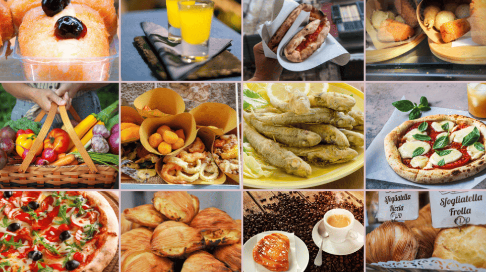 a collage of different pictures of food from Naples Italy.