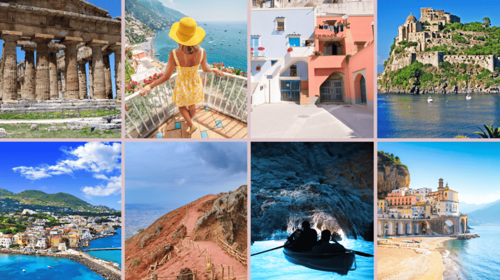 a collage of pictures of day trips from Naples