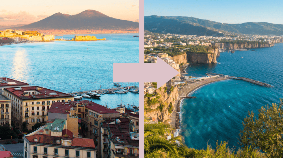 a picture of a city and a view of the sea, from Naples to Sorrento.