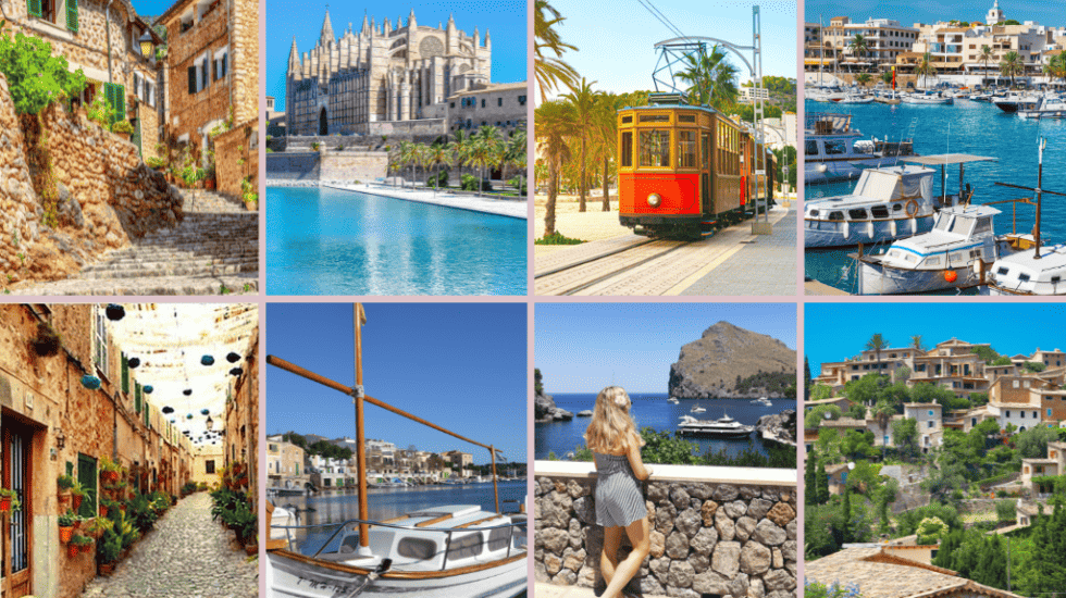 A collage of pictures showcasing various towns to visit in Mallorca, Spain.