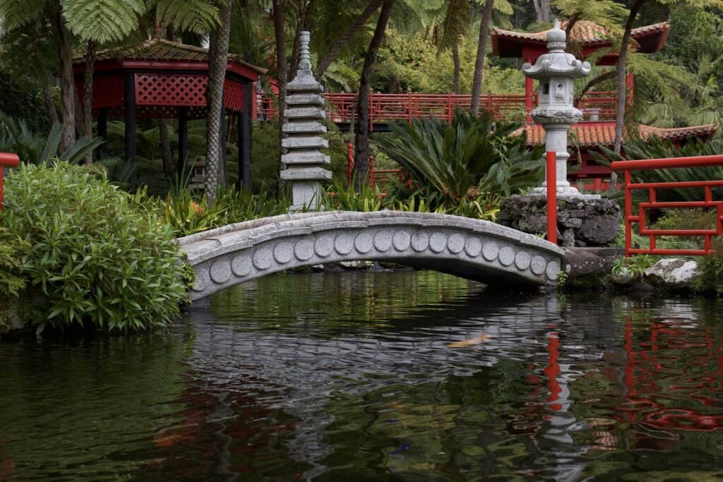 A bridge over a pond in a garden on a madeira itinerary.