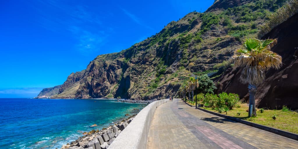A road leading to a beach on the coast of Madeira, Portugal.
