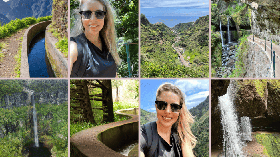 A collage of pictures showcasing a woman enjoying Levada walks in Madeira.