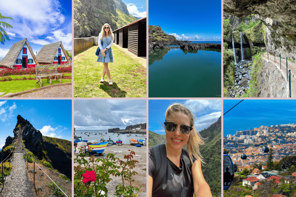 A collage of pictures of a woman on a beach in Madeira.