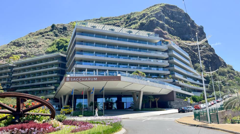 A hotel on the side of a mountain in Madeira.