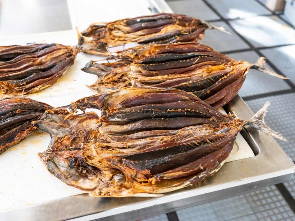 Dried fish on a tray in Mercado dos Lavradores Funchal