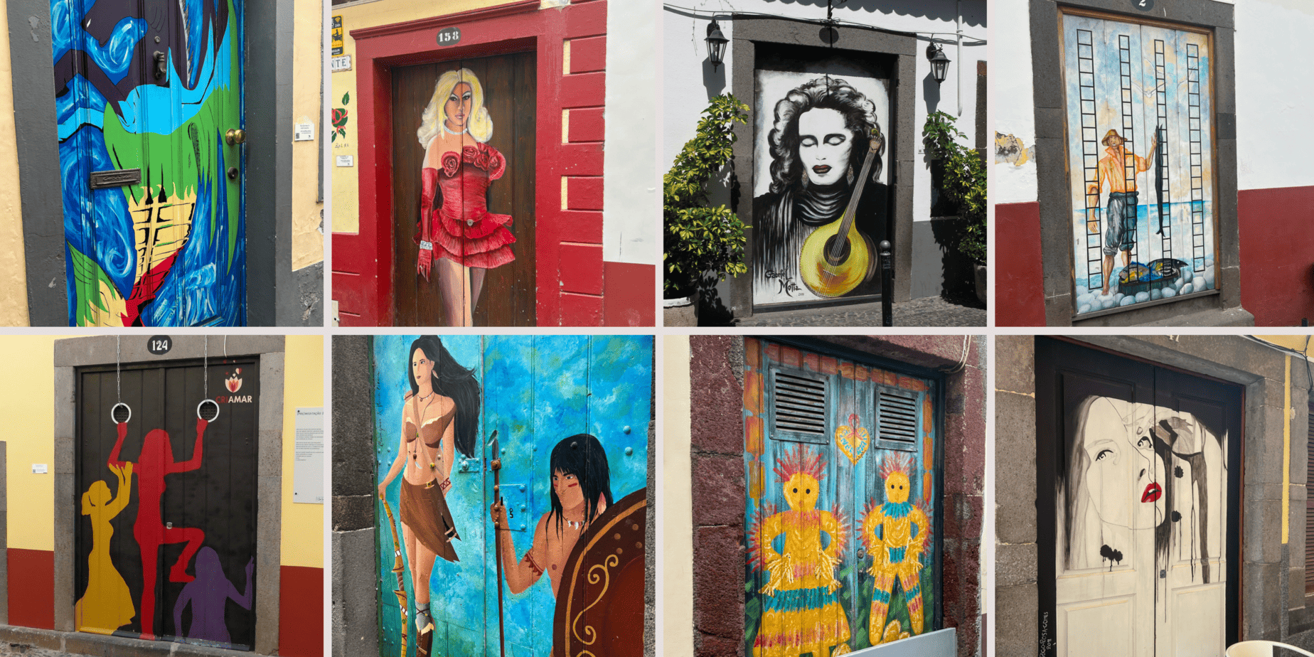 Collage of street art painted doors on Santa Maria Street Funchal (Madeira)