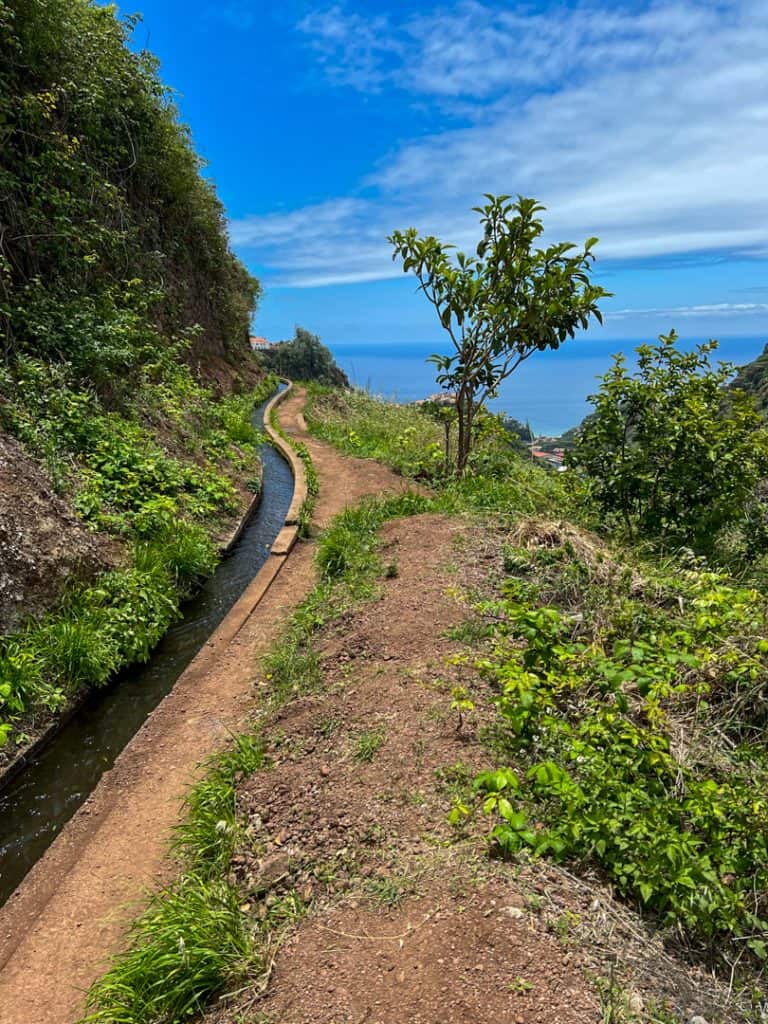 A stream runs along the side of a cliff overlooking the ocean.