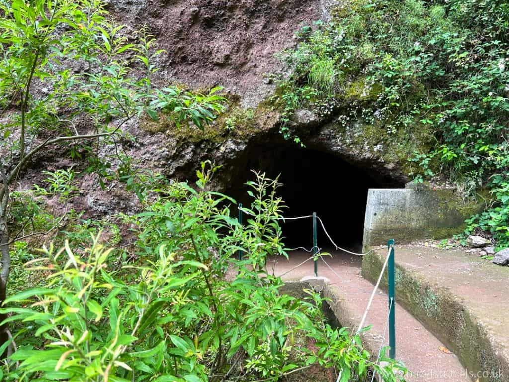The entrance to a cave in the forest on levada do moinho