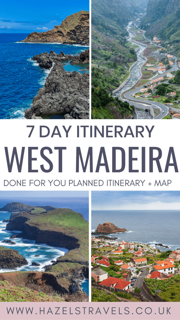 Promotional travel itinerary poster for a 7-day itinerary for madeira, featuring images of scenic landscapes and a mapped route.