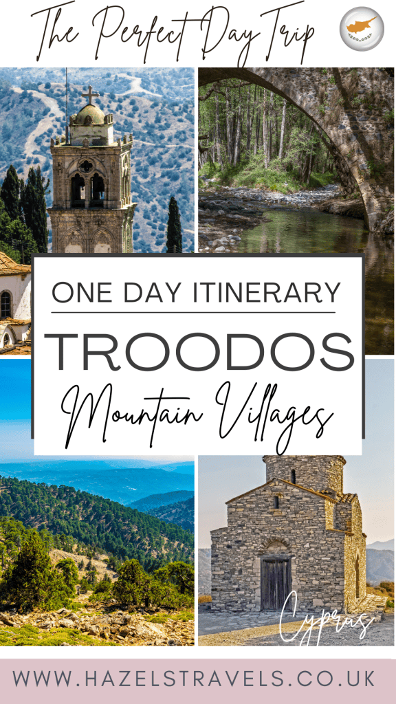 A collage of scenic landmarks in the Troodos mountain villages, Cyprus, including a bell tower, stone bridge, church, and mountain landscape, promoting a one-day itinerary for a Troodos day trip.