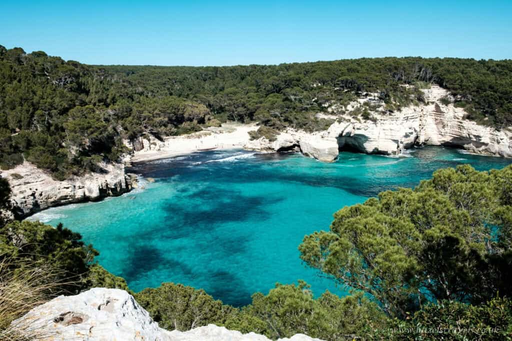 Beautiful turquoise coastal bay with white cliffs and lush green trees under a clear blue sky.