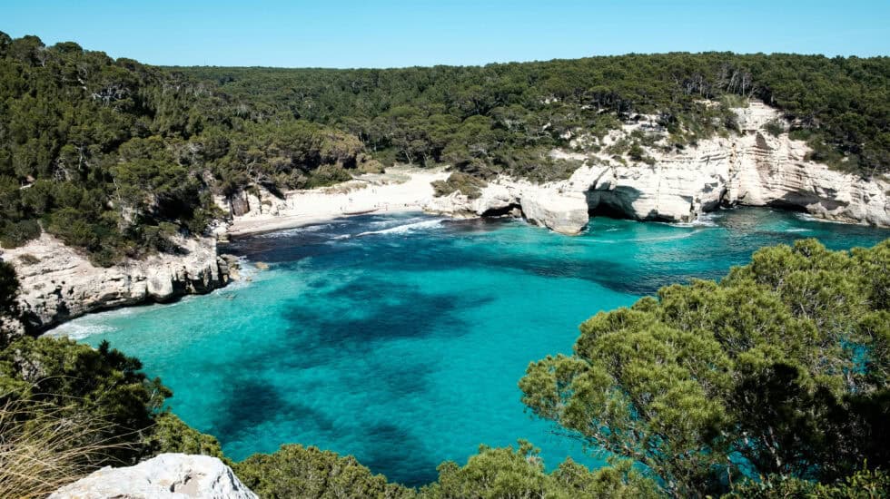 Beautiful turquoise coastal bay with white cliffs and lush green trees under a clear blue sky.