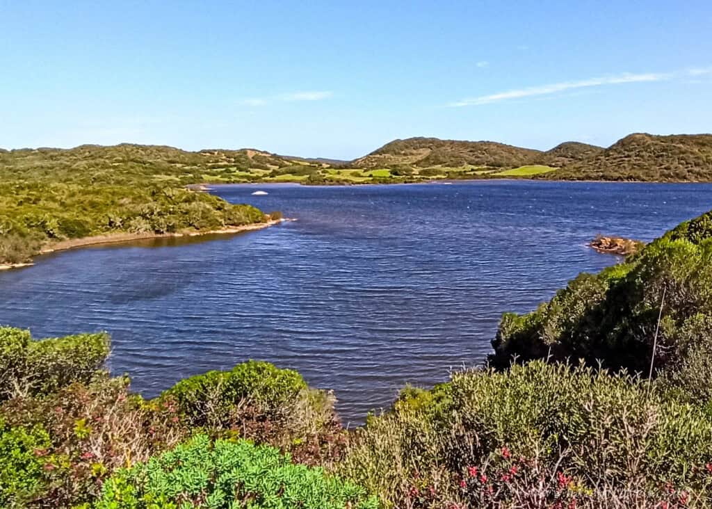 Serene lake surrounded by lush green hills on a sunny day, scenic landscape with clear blue sky and vibrant vegetation, perfect for outdoor adventures and nature photography.