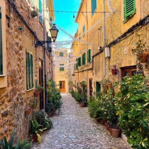 Charming cobblestone alley in a picturesque Mediterranean village with colourful stone buildings and lush potted plants.